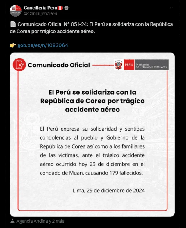 Comunicado de la Cancillería sobre el accidente aéreo de Corea del Sur. Foto: X   