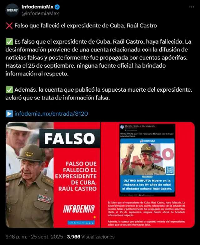  InfodemiaMx aclaró que la noticia de la supuesta muerte de Raúl Castro era falsa. Foto: @infodemiaMex<br>    