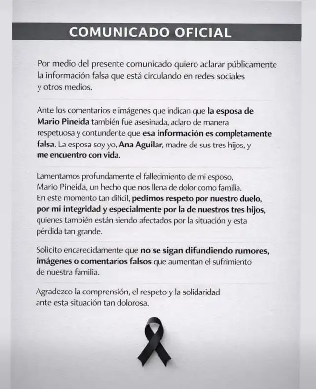  Comunicado de la esposa de Mario Pineida. Foto: Facebook.   