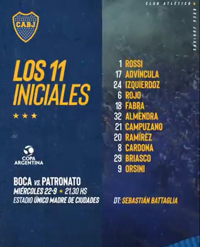 Alineación confirmada de Boca Juniors para enfrentar a Patronato.