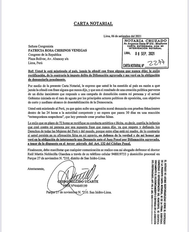 Carta notarial de Guido Bellido a Patricia Chirinos. Foto: captura