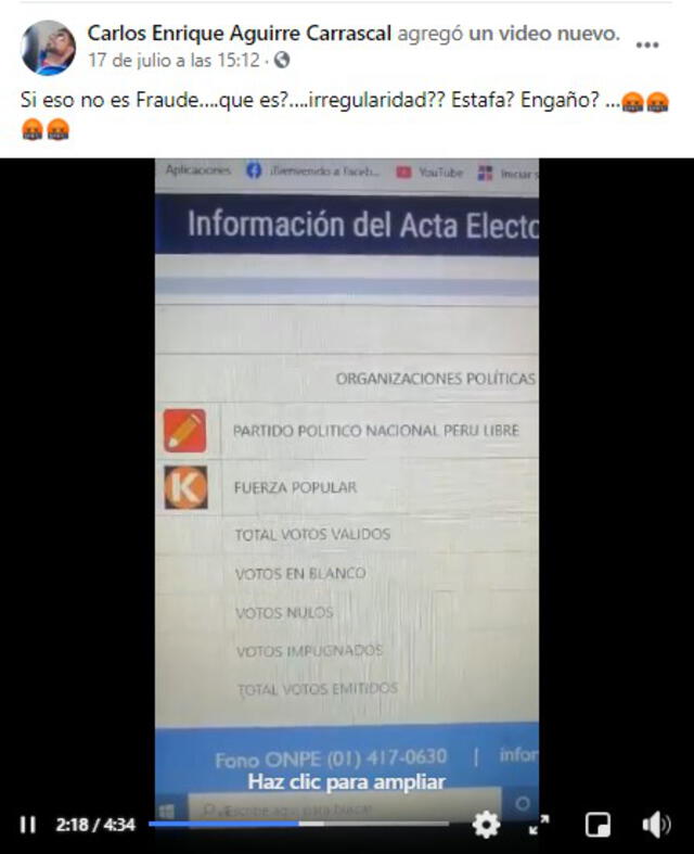 Video viralizado en Facebook que denuncia un presunto fraude en la segunda vuelta electoral. FOTO: Captura de Facebook.