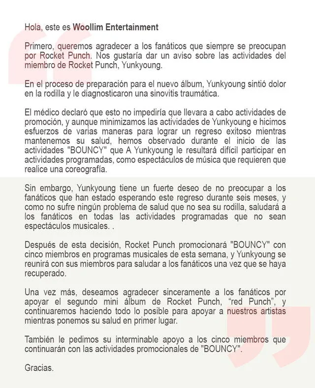 Rocket Punch: Traducción del comunicado publicado por WOOLLIM Entertainment  sobre la salud de Yunkyoung.