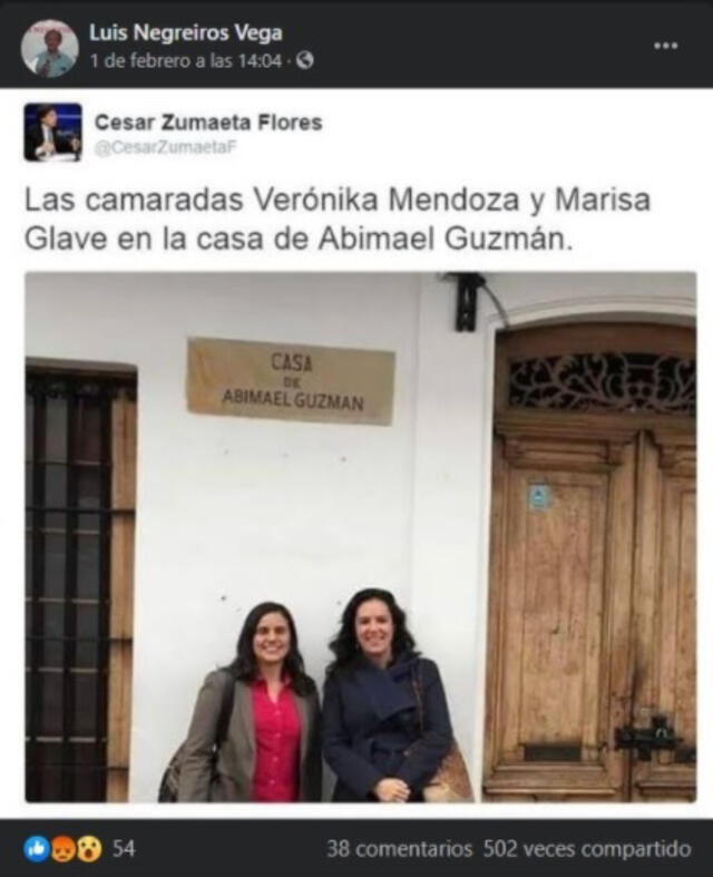 Una fotografía muestra supuestamente a Verónika Mendoza y Marisa Glave en la fachada de la casa de Abimael Guzmán. Foto: captura en Facebook.
