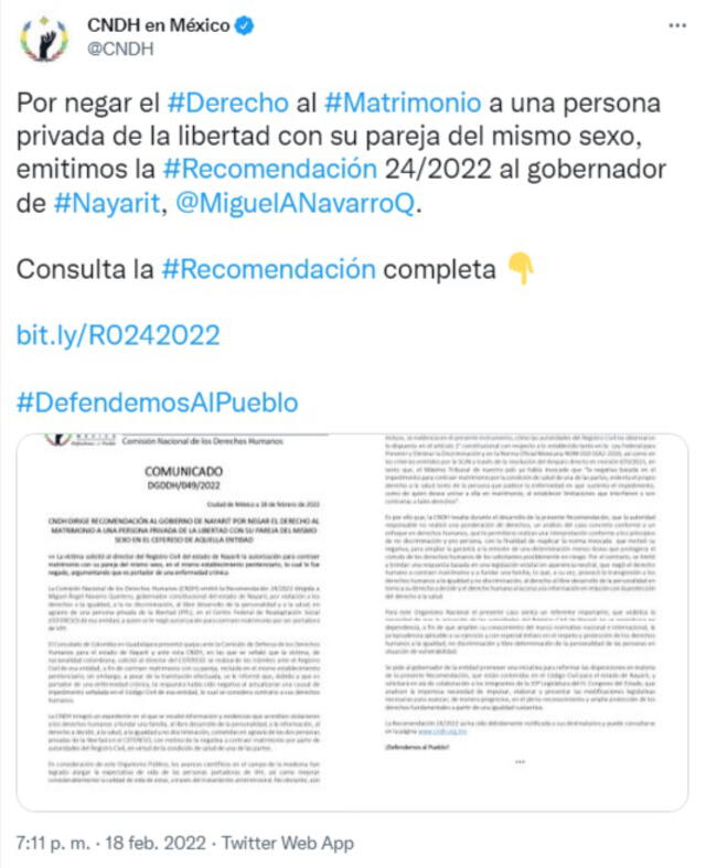 El pronunciamiento de la Comisión Nacional de Derechos Humanos de México. Foto: captura de Twitter / @CNDH