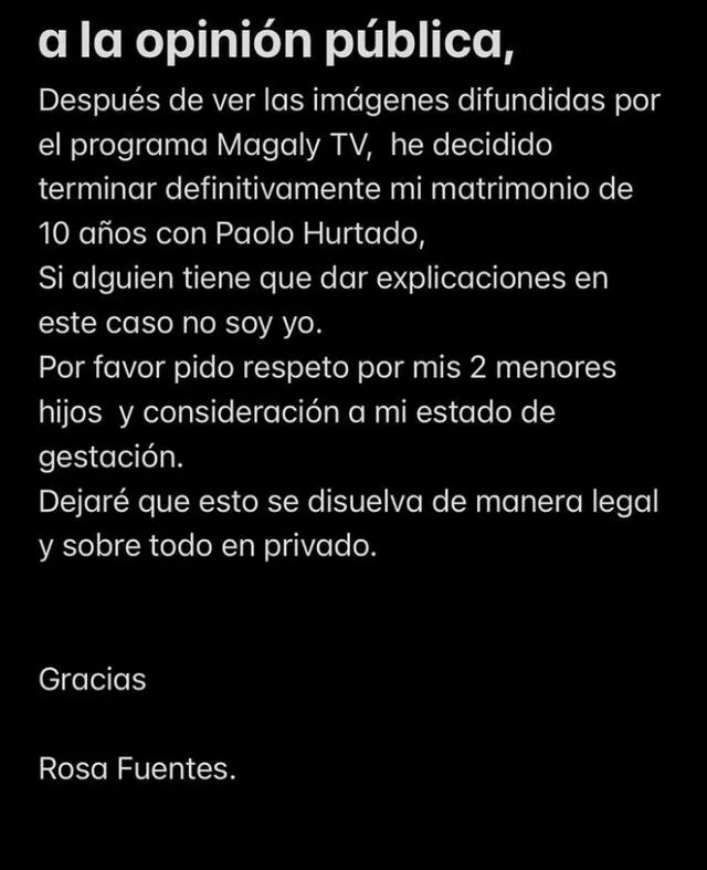  Comunicado de Rosa Fuentes luego del ampay de su aún esposo, Paolo Hurtado. Foto: captura Instagram   