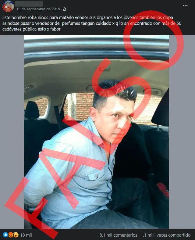 Publicación viral que expande el bulo del supuesto traficante de niños. A la fecha, ha sido compartida más de 1 millón de veces. Foto: captura de Facebook Publicación viral que expande el bulo del supuesto traficante de niños. A la fecha, ha sido compartida más de 1 millón de veces. Foto: captura de Facebook