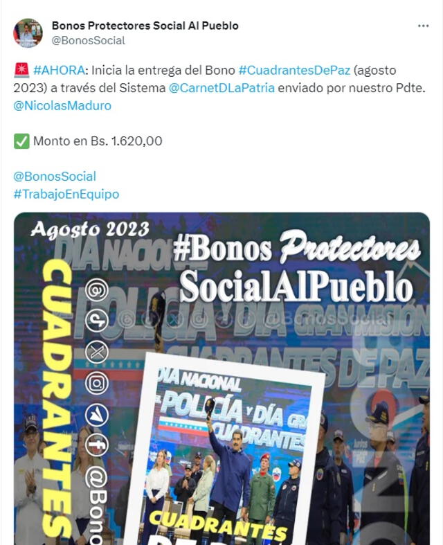 Así se anunció el segundo pago del Bono Cuadrantes de Paz. Foto: BonosSocial   