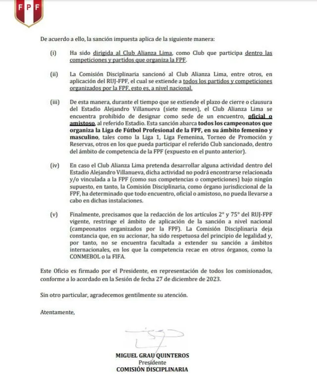 Comunicado de la Comisión Disciplinaria de la FPF sobre sanción a Alianza Lima. Foto: FPF   