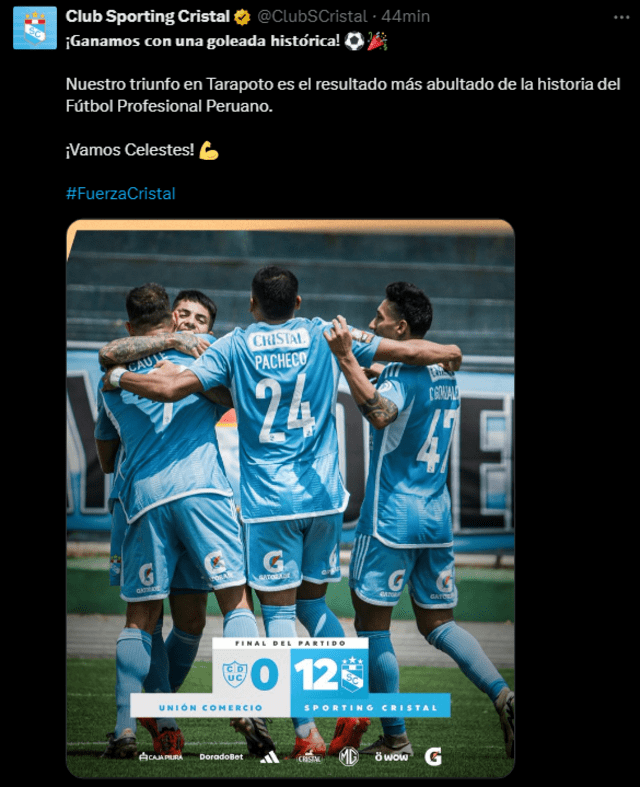  Tuit de Sportin Cristal sobre su récord. Foto: captura de X/Sporting Cristal   