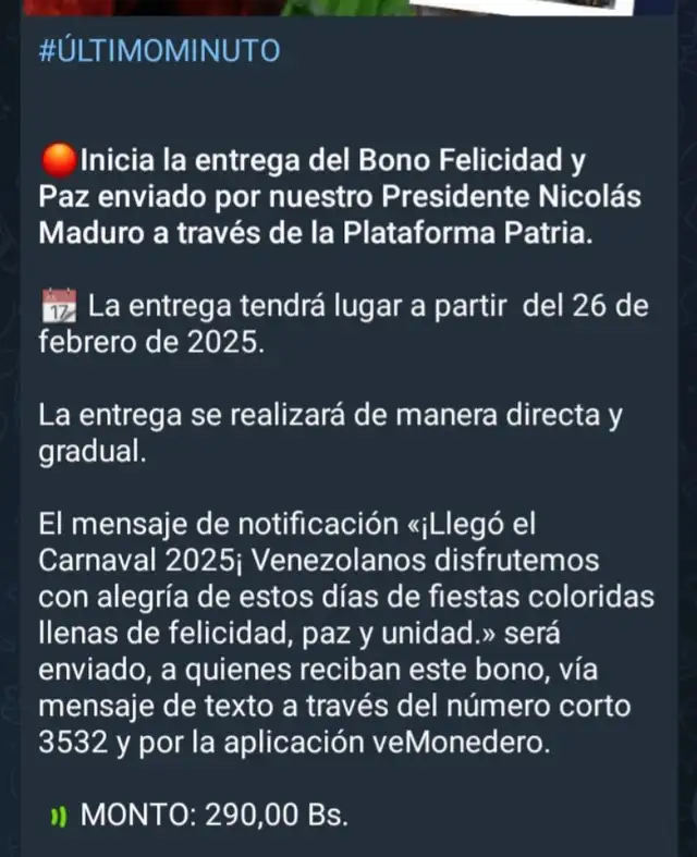 Anuncio del Bono Felicidad y Paz. Foto: Canal Patria Digital   