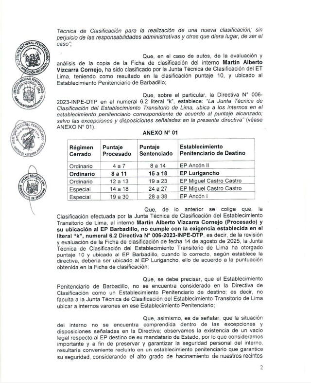  Puntaje otorgado a Martín Vizcarra para ser recluido en Barbadillo fue anulado   