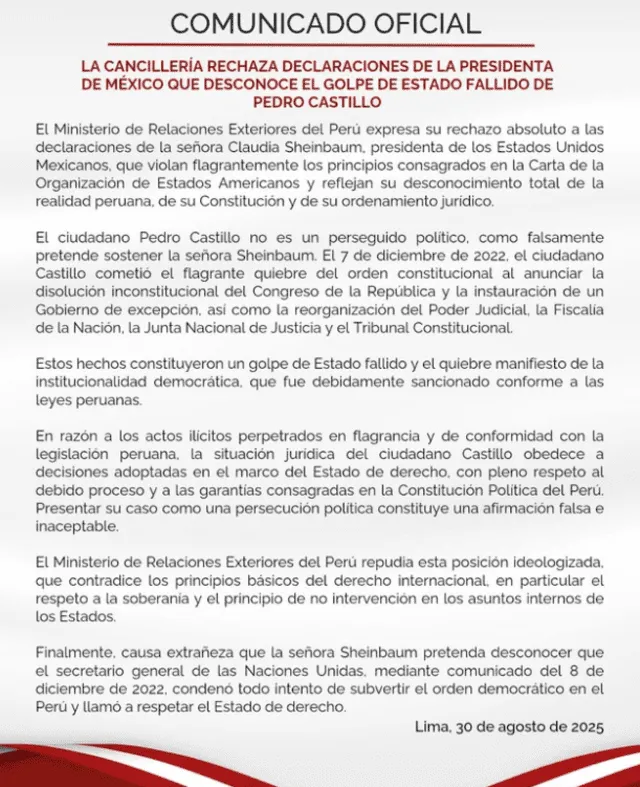 Cancillería se pronunció sobre las declaraciones de la presidenta de México. 