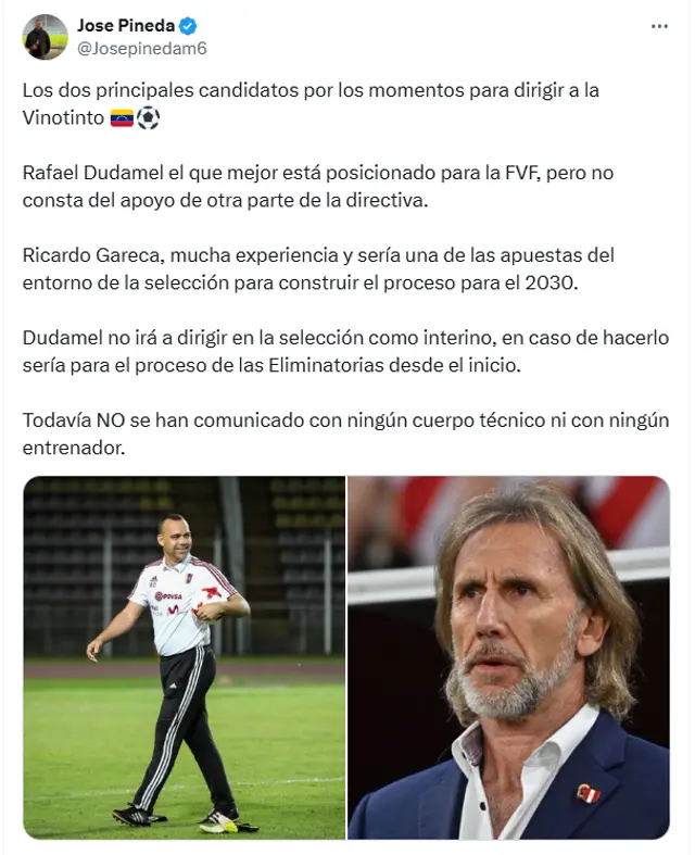 José Pineda sobre las posibilidades de ambos técnico en dirigir a la Vinitotin. Foto: captura X José Pineda sobre las posibilidades de ambos técnico en dirigir a la Vinitotin. Foto: captura X