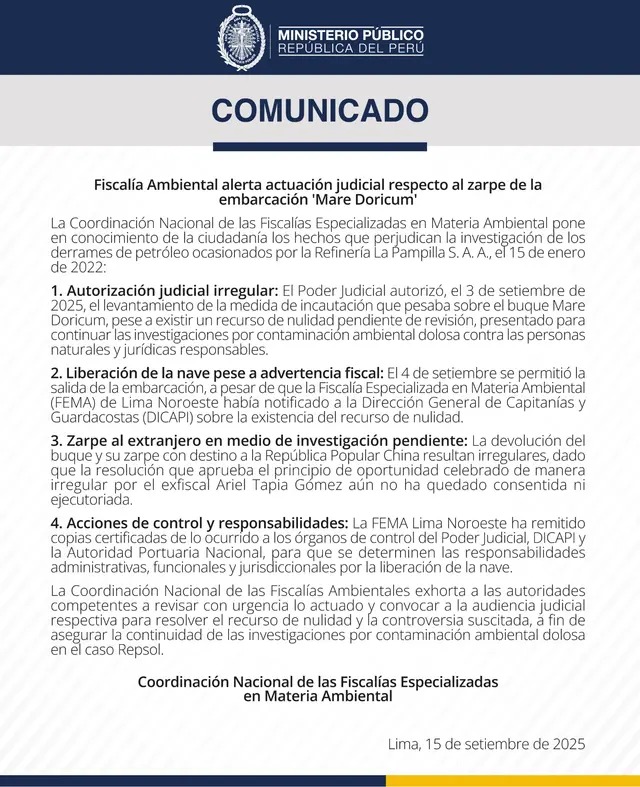  Comunicado de la Fiscalía Ambiental sobre zarpe de la embarcación Mare Doricum. Foto: difusión   