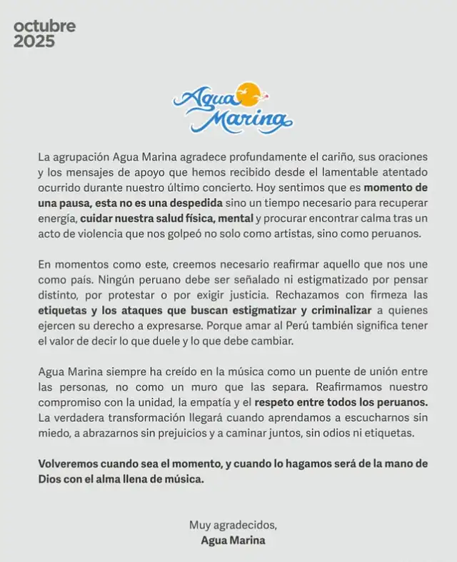 Comunicado de Agua Marina. Foto: Instagram. Comunicado de Agua Marina. Foto: Instagram.