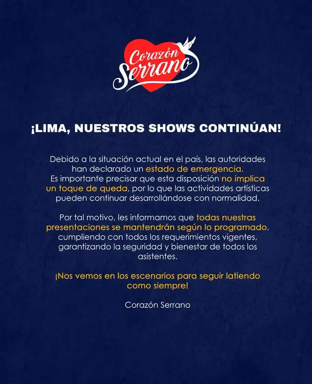  Comunicado de Corazón Serrano. Foto: Facebook   