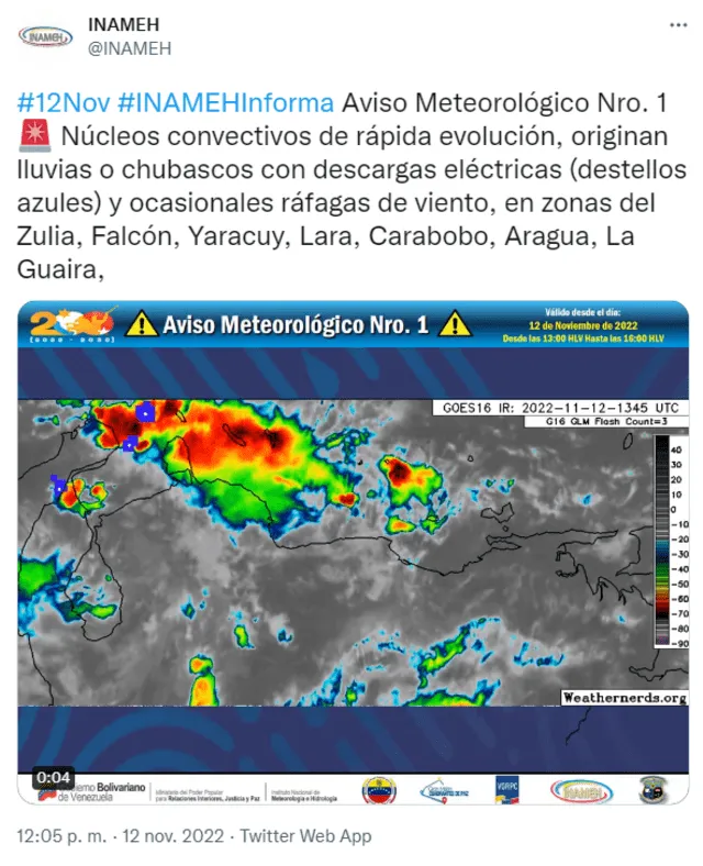Pronóstico de lluvias en Venezuela, de acuerdo al Instituto Nacional de Meteorología e Hidrología. Foto: @INAMEH/ Twitter