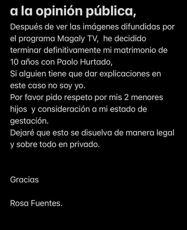 Comunicado de Rosa Fuentes tras el ampay de Paolo Hurtado. Foto: Instagram/Rosa Fuentes   