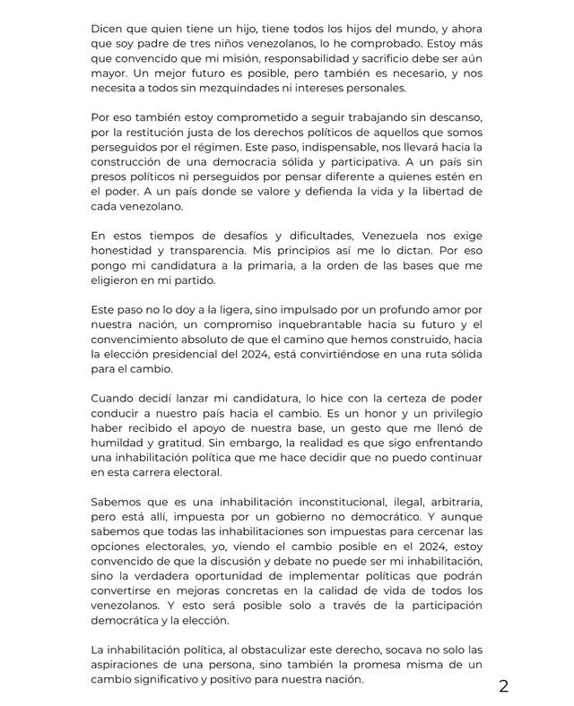  Carta Pública de Henrique Capriles (Parte 2). Foto: X<br><br>    