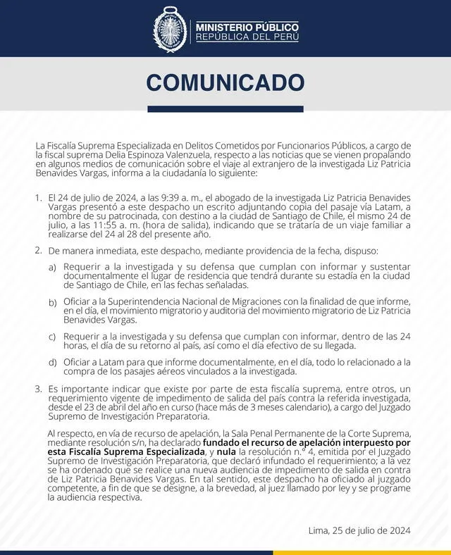 Comunicado del Ministerio Público. Foto: Fiscalía/X   