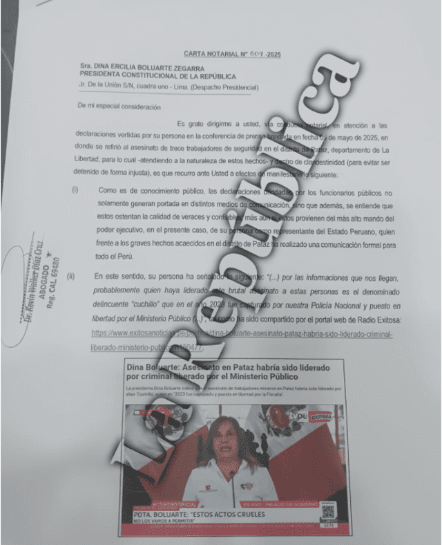 Carta notarial a Dina Boluarte Carta notarial a Dina Boluarte