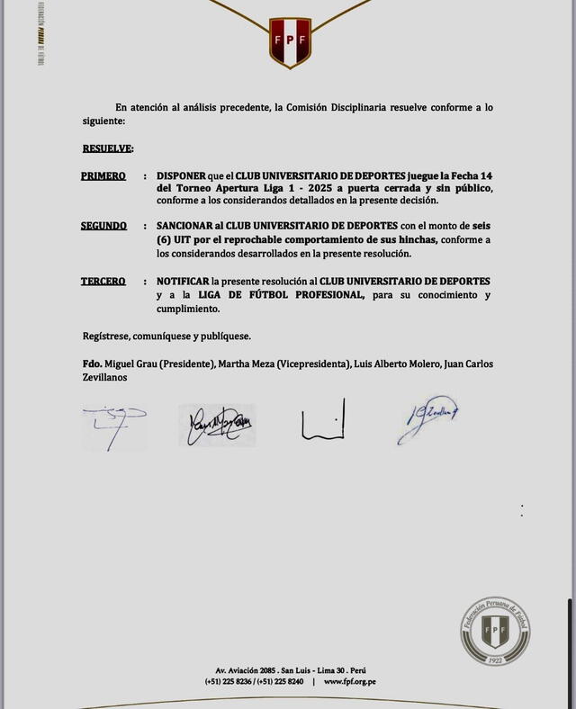 Comunicado de la Comisión Disciplinaria de la FPF. Comunicado de la Comisión Disciplinaria de la FPF.