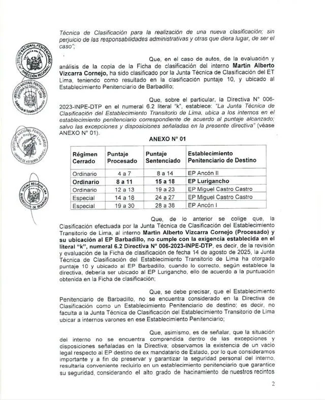 Puntaje otorgado a Martín Vizcarra para ser recluido en Barbadillo fue anulado   