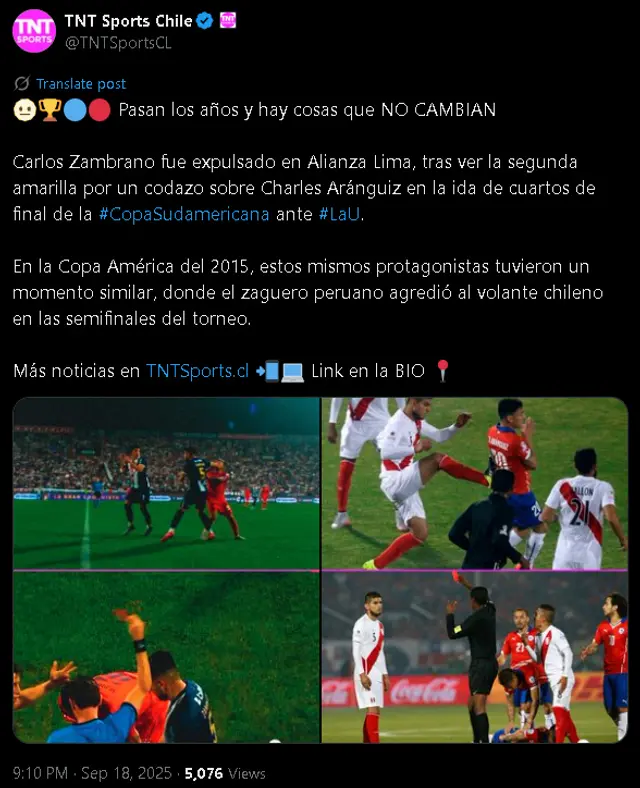 Publicación de TNT Sports Chile sobre Carlos Zambrano. Foto: X.   