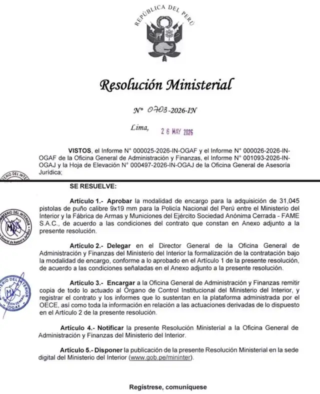 Resolución del ministro José Zapata Morante autorizando la compra de pistolas de puño por intermedio de FAME.   