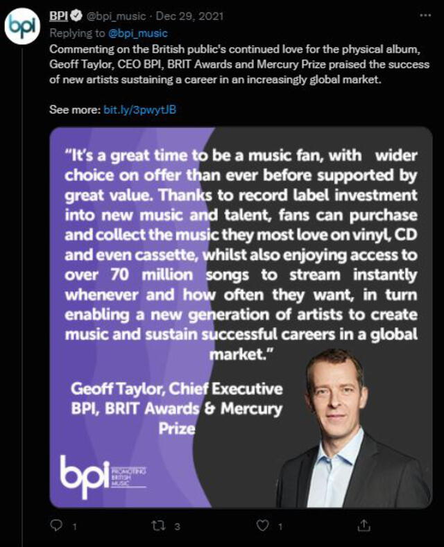 Geoff Taylor, CEO de BPI, BRIT Awards y Mercury Prize elogió el éxito de los nuevos artistas que mantienen una carrera en un mercado cada vez más global