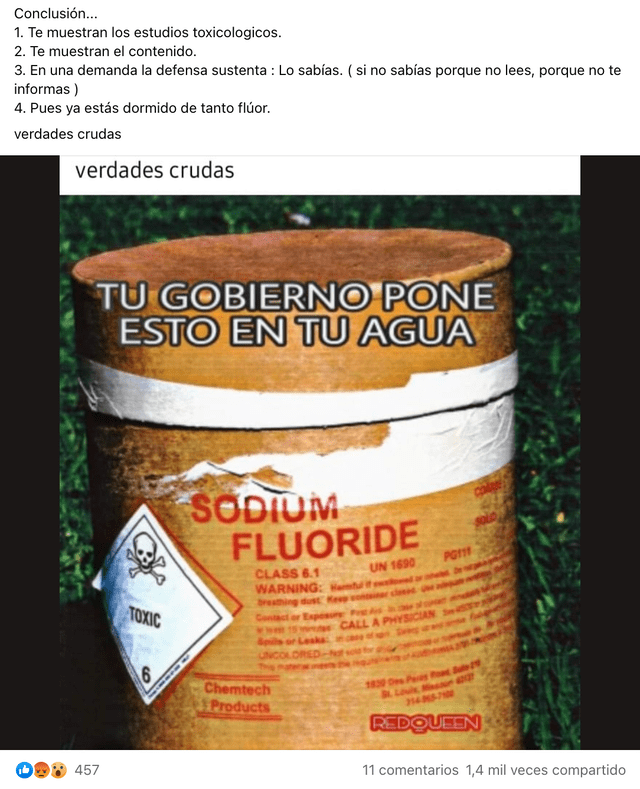 Imagen viral compartida acerca de la supuesta fluoración del agua en el país. Fuente: captura/Facebook