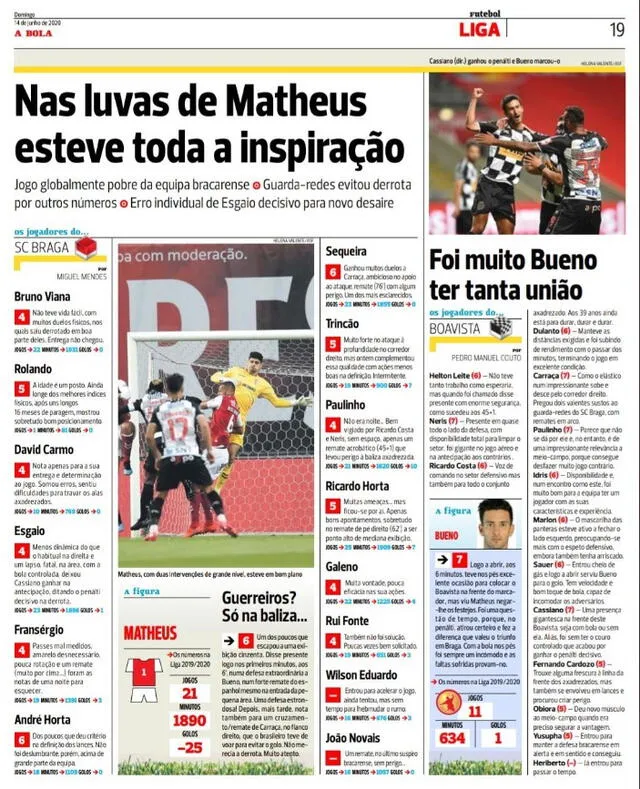 Prensa portuguesa elogia a Gustavo Dulanto y lo califican con 7 puntos.
