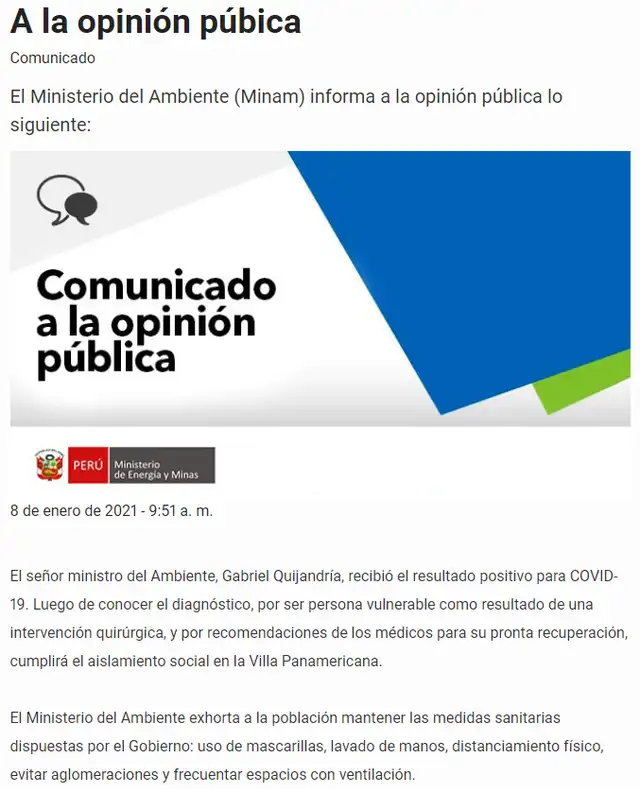 Ministro del Ambiente, Gabriel Quijandría, da positivo a COVID-19