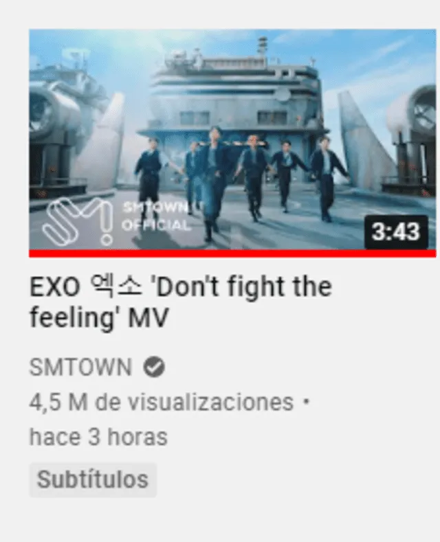 Vistas del MV "Don't fight the feeling" de EXO. Foto: captura YouTube