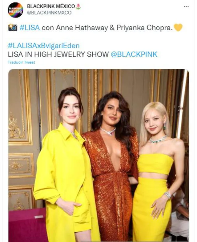 Lisa, Anne Hathaway y Priyanka Chopra en evento de Bvlgari. Foto: vía BLACKPINK MXCO