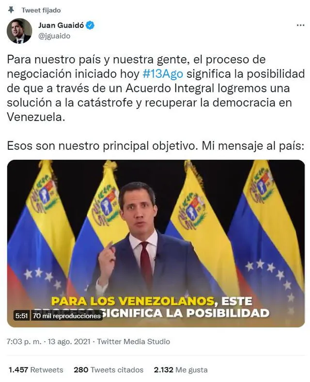 Publicación de Juan Guaidó luego de la firma del memorando entre el Gobierno de Maduro y la oposición. Foto: captura Twitter