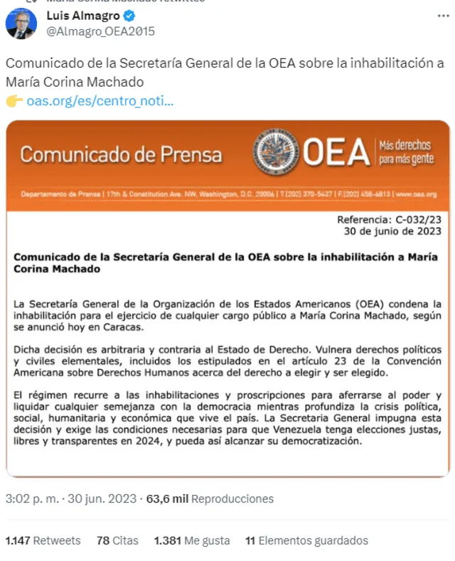 María Corina Machado: Principales líderes políticos se pronuncian contra la inhabilitación de María Corina Machado | Primarias 2023 | Venezuela | OEA