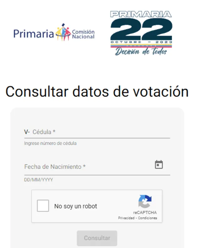 Así luce la página en la que se busca el local de votación de las rimarias en Venezuela. Foto: buscadorprimaria2023.com   