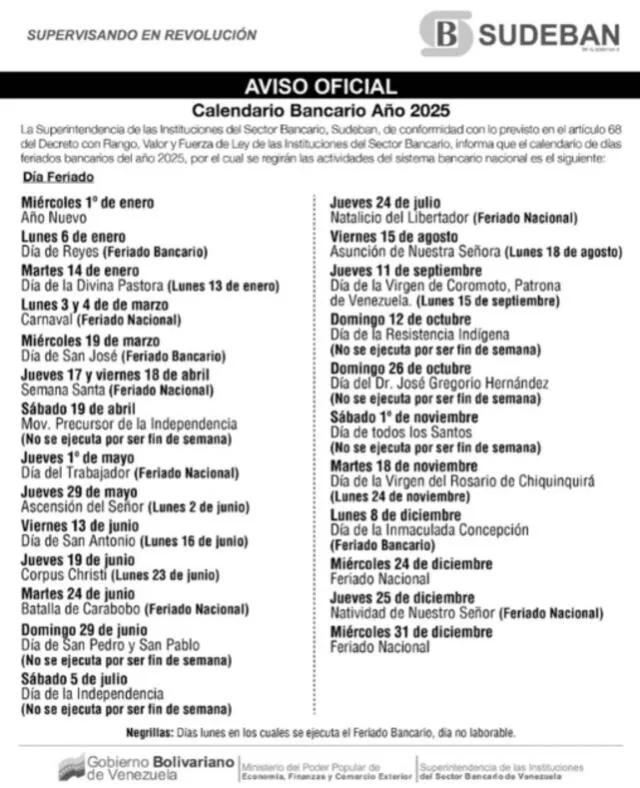  Este es el calendario oficial de feriados para 2025. Foto: Sudeban   