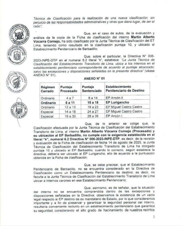  Puntaje otorgado a Martín Vizcarra para ser recluido en Barbadillo fue anulado   