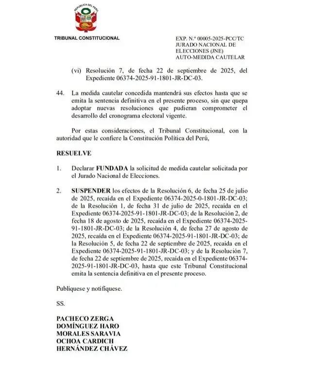  Resolución del TC ordena suspender las sentencias emitidas por el Poder Judicial que ordenaban inscribir al partido de Duberlí Rodríguez. Foto: difusión   