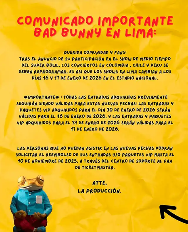  Los conciertos de Bad Bunny en Lima iban a realizarse originalmente los días 30 y 31 de enero de 2026. Foto: composición LR/Ticketmaster/AFP   