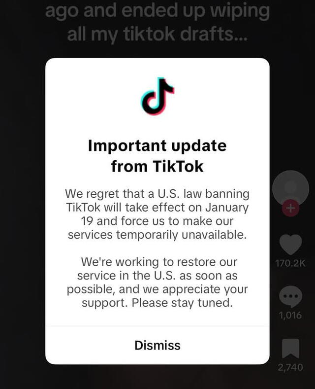 A message from TikTok to all their users in the US at the end of Jan.18, 2025. Photo: TikTok.    