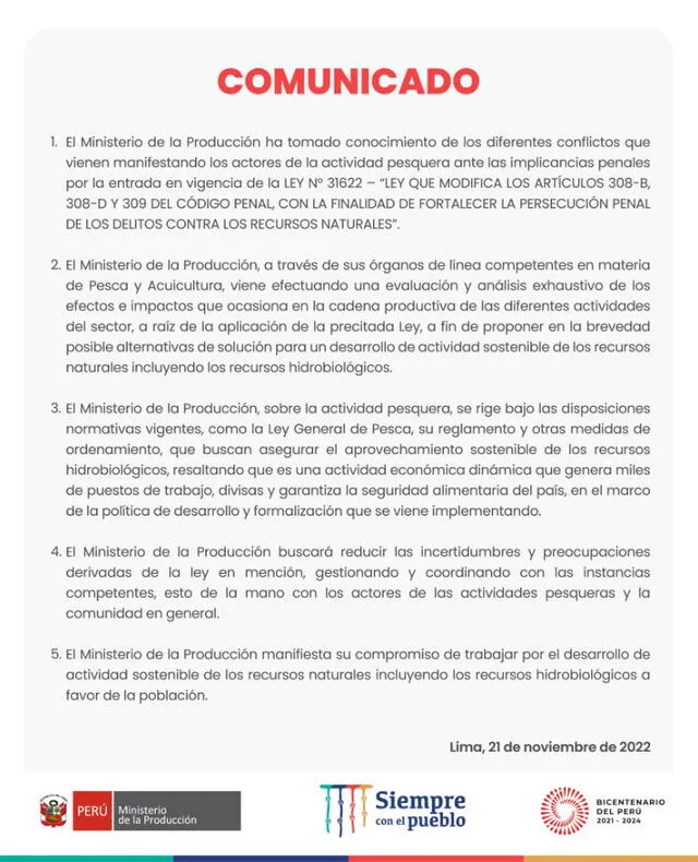 Comunicado del Ministerio de la Producción