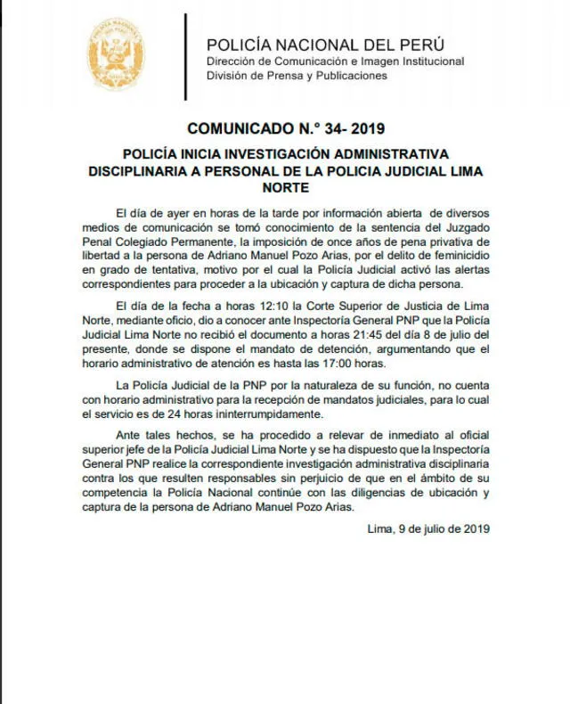 PNP comunicó que abrirán investigación contra Policía Judicial Lima Norte por no capturar a Adriano Pozo, pese a que así lo ordenó el Juzgado Penal Colegiado Permanente. Créditos: PNP.