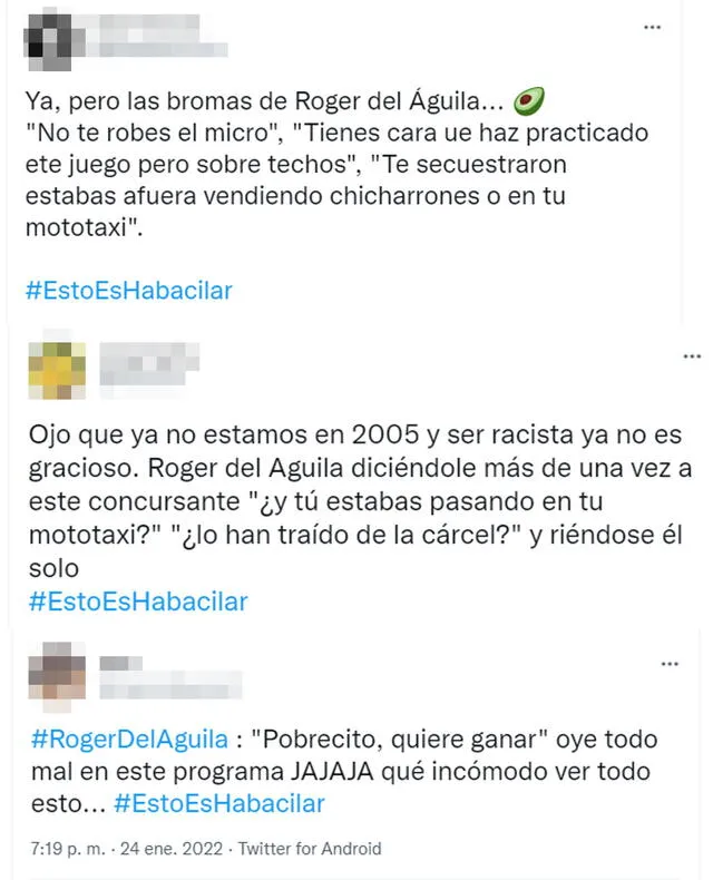 Usuarios reaccionaron a los comentarios de Roger del Águila durante el estreno de Esto es Habacilar. Foto: captura Twitter