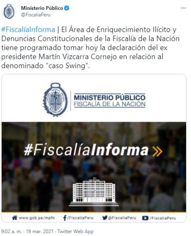 Tuit del Ministerio Público sobre citación a Martín Vizcarra.