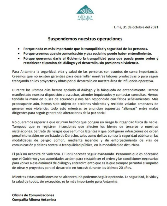 Carta enviada por Antamina. Foto: captura