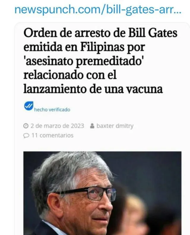  Imagen que asegura falsamente que en Filipinas se dio una orden de captura contra Bill Gates. Foto: captura en Facebook.    